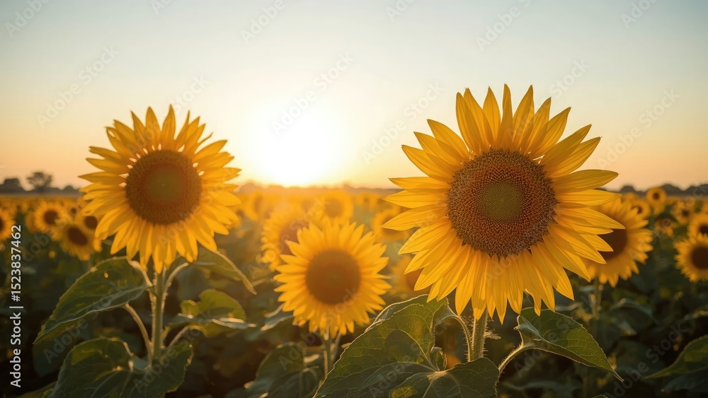 Fototapeta premium Golden sunflowers at sunset in a vibrant field