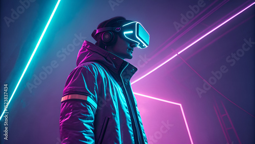 Man with VR glasses amidst neon lights: A person wearing virtual reality glasses is immersed in a world of digital experience, with vibrant neon lights that create a futuristic atmosphere.