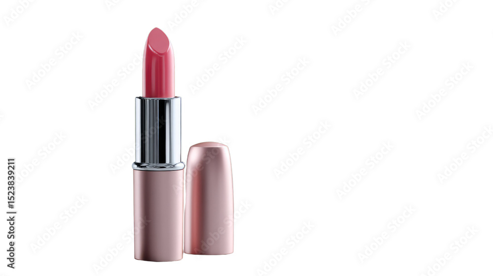 Obraz premium Pink Lipstick Tube: Elegant pink lipstick in a stylish rose gold tube, perfect for beauty, fashion, and cosmetics. The lipstick is slightly open, showing its creamy texture.