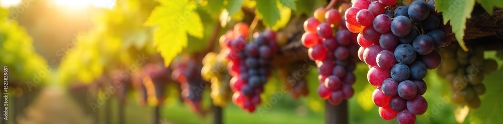 Sun-drenched bunches of winemaker grapes hanging heavy on the vine, ready for harvest Vibrant green leaves frame the plump, ripe fruit , agriculture, rural scene, sunlight Sun-drenched bunches of winemaker grapes hanging heavy on the vine, ready for harvest Vibrant green leaves frame the plump, ripe fruit , agriculture, rural scene, sunlight