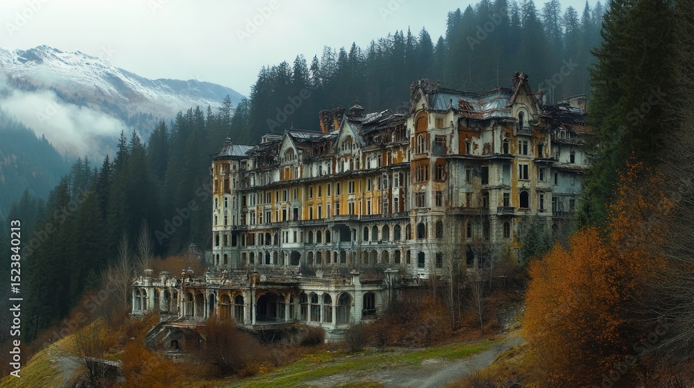 Fototapeta premium Ruined hotel in mountains