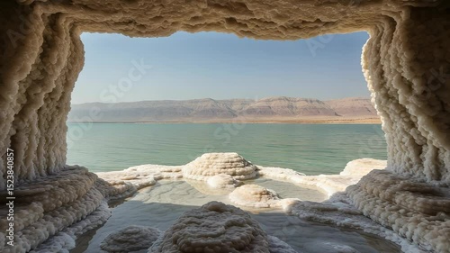 Surreal Salt Cave Vista Overlooking the Serene Waters of the Dead Sea Landscape