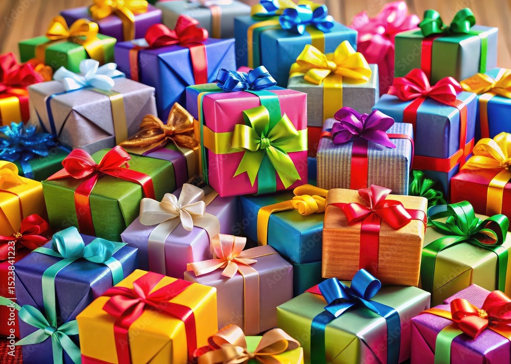 Fototapeta premium Colorful gift boxes overflow, a festive mountain of presents for holidays and birthdays. Abundance and joy.