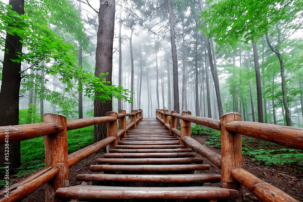 Fototapeta premium Wooden stairway leading through foggy forest