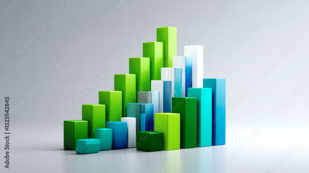 Fototapeta premium Colorful 3D bar graph with green and blue rectangular blocks arranged on a light background, representing data visualization.