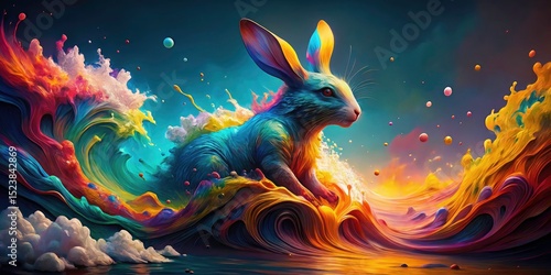 Colorful splashing waves engulf a whimsical rabbit in this surreal fantasy painting; a vibrant, abstract artwork.