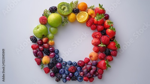 Colorful fruits, berries and vegetables in a circular arrangement, celebrating nature's vibrant bounty