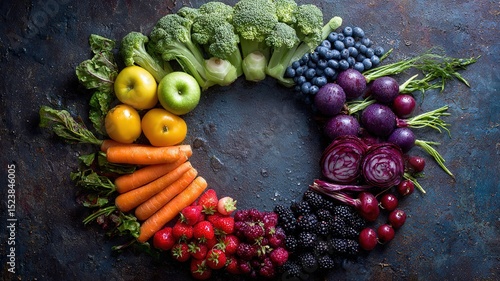 Colorful fruits, berries and vegetables in a circular arrangement, celebrating nature's vibrant bounty