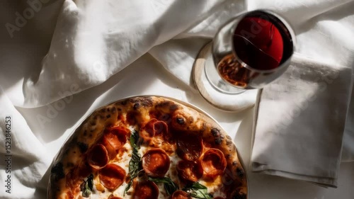 Delicious pepperoni pizza served with red wine on a soft linen table setting in an elegant dining atmosphere