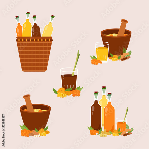 Jamu or traditional herb drink collection illustration