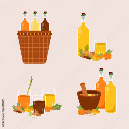 Jamu or traditional herb drink collection illustration