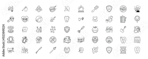 Comprehensive line art illustration depicting diverse aspects of dental health and care