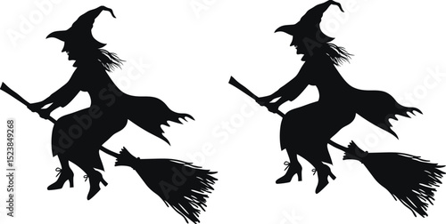 Two Witch Silhouettes Flying on Broomsticks Halloween Vector Illustration
