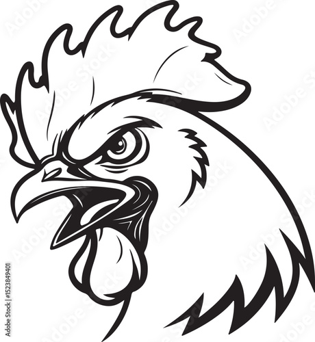 Black silhouette of chicken face in angry mood, bold flat style with clean lines, ideal for stock use and easy to trace for creative artwork