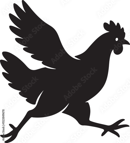 Chicken silhouette in running pose with wings outspread, flat black subject on white with no extra detail, clean minimal art ideal for tracing