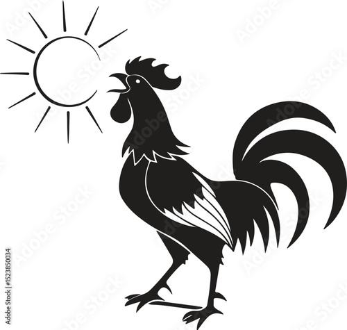 Crowing rooster silhouette with lifted beak, flat bold black shape showing sunrise posture, clean minimal subject great for trace or stock purposes