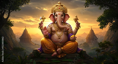 God Ganesha sitting with majestic background, generated by Ai