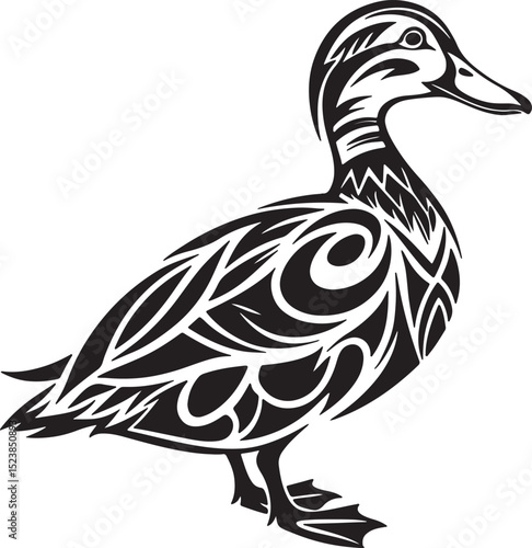 Duck silhouette in tribal tattoo style formed with bold black lines, white background, clean creative single subject great for tracing and stock