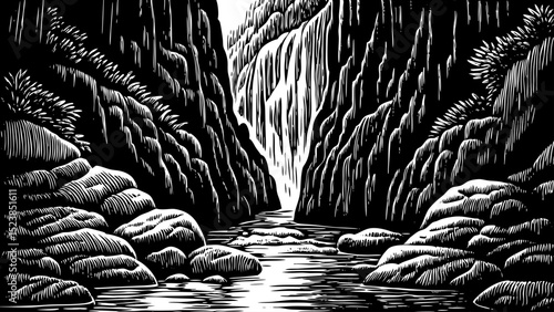 Black and white sketch vector of a mossy canyon with a hidden creek and damp rocks