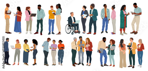 Diverse business team illustration with multiracial colleagues in meeting, brainstorming, coffee break, including man in wheelchair. Vector isolated on transparent background