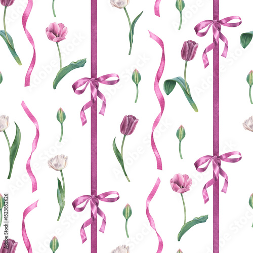 Seamless pattern of violet tulips, buds and satin ribbon bows. Hand drawn watercolor illustration of delicate spring perennial bulbous flower on white isolated background. For wallpaper or packaging