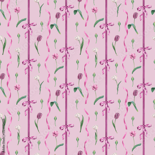 Seamless pattern of violet tulips, buds and satin ribbon bows. Hand drawn watercolor illustration of delicate spring perennial bulbous flower on pink isolated background. For wallpaper or packaging.