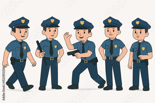 Vector Set Cartoon Police Officers in Blue Uniforms in Various Action and Standing Poses