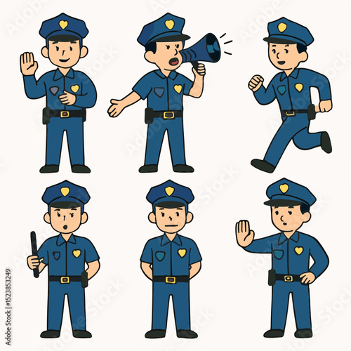 Vector Set Cartoon Police Officers in Blue Uniforms in Various Action and Standing Poses