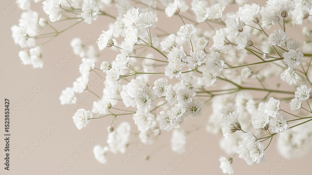 Obraz premium Close-Up of Delicate Baby's Breath Flowers with Floating Petals Against Soft Beige Background, Capturing Intricate Details in Natural Light for Ethereal Tranquil Ambiance.