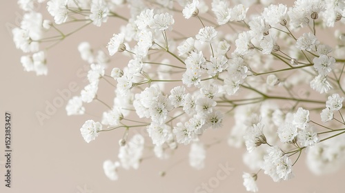 Close-Up of Delicate Baby's Breath Flowers with Floating Petals Against Soft Beige Background, Capturing Intricate Details in Natural Light for Ethereal Tranquil Ambiance.