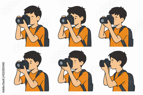 Vector Set of a teenager holding a camera and taking a photo