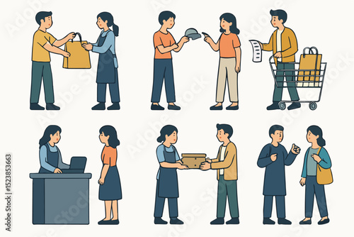 Vector Collection of Shop Worker and Customer Characters in Various Actions Vector Illustration
