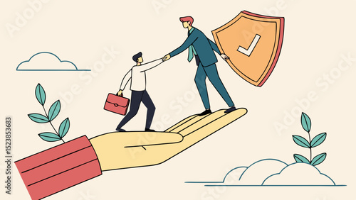 Vector Businessmen teamwork with protection symbol, showcasing support and trust in partnership