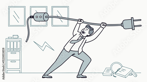 Vector determination and frustration, businessman struggles to pull apart two electric plugs,