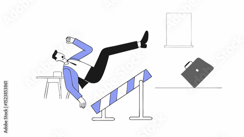 Vector businessman stumbles and falls over hurdle in office setting, showcasing humorous moment