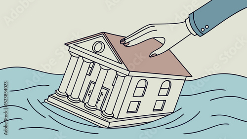 Vector Hand holds house in water, symbolizing financial struggle and instability