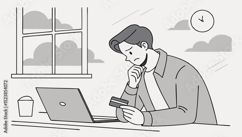 Vector man holding credit card, looking pensive and thoughtful, sits at desk with laptop,