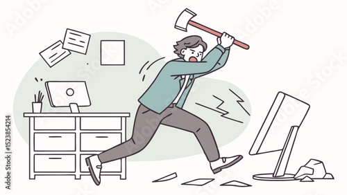 Vector stressed businessman is shown smashing his computer in frustration, surrounded by chaos