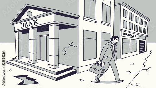 Vector stylized depicts collapsing bank, showcasing man walking with briefcase