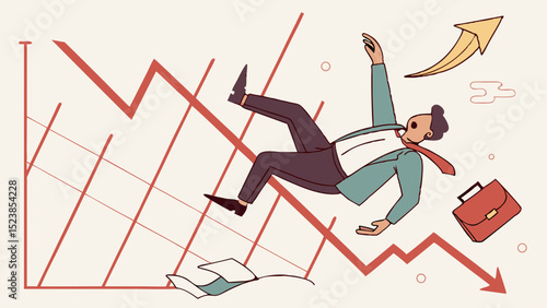 Vector Businessman falls from fluctuating graph, symbolizing market instability and challenges