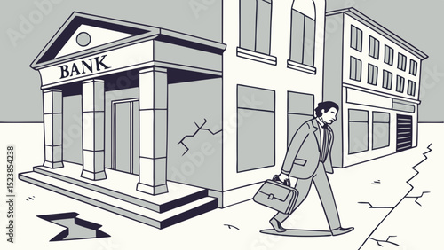 Vector SVG, Bank or World Economic Crisis Clip Art, businessman withdrawal money from bank, investment stylized depicts collapsing bank,