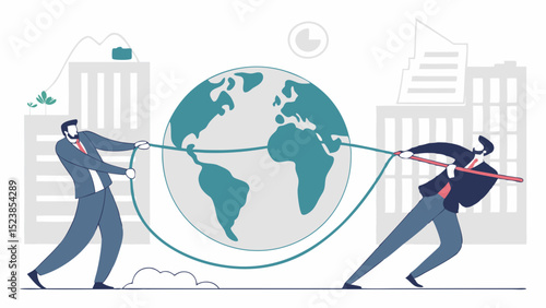 Vector teamwork and collaboration, businessmen are pulling on rope attached to globe, symbolizing
