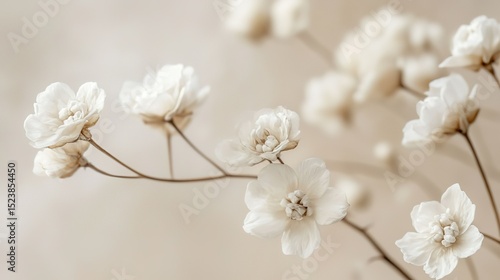 Close-Up of Delicate Baby's Breath Flowers with Floating Petals Against Soft Beige Background, Capturing Intricate Details in Natural Light for Ethereal Tranquil Ambiance.