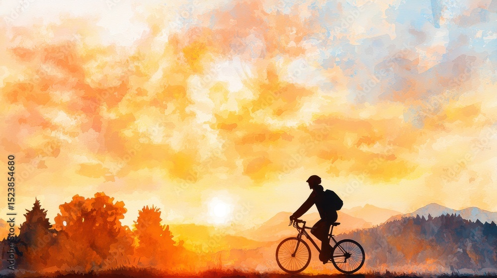 Obraz premium A person rides a bicycle through a scenic landscape at sunrise, surrounded by trees and mountains under a vibrant sky.