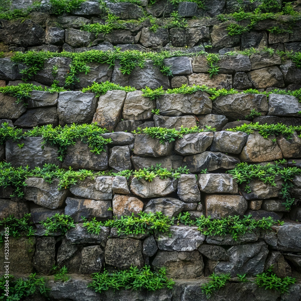 Textured Stone Wall with Green Moss and Small Plants Textured Stone Wall with Green Moss and Small Plants