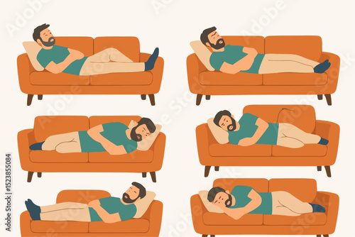Vector Set Relaxing on the Couch: Man Taking a Nap or Resting at Home.

