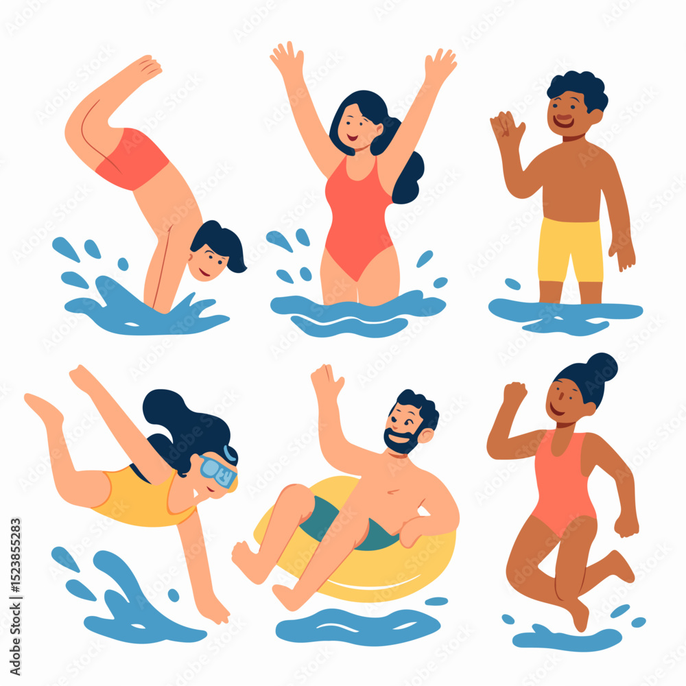 Obraz premium Splashing Into Summer: A vibrant depiction of various people enjoying aquatic activities, with joyful illustrations showcasing a person's diving, standing, and striking different postures.