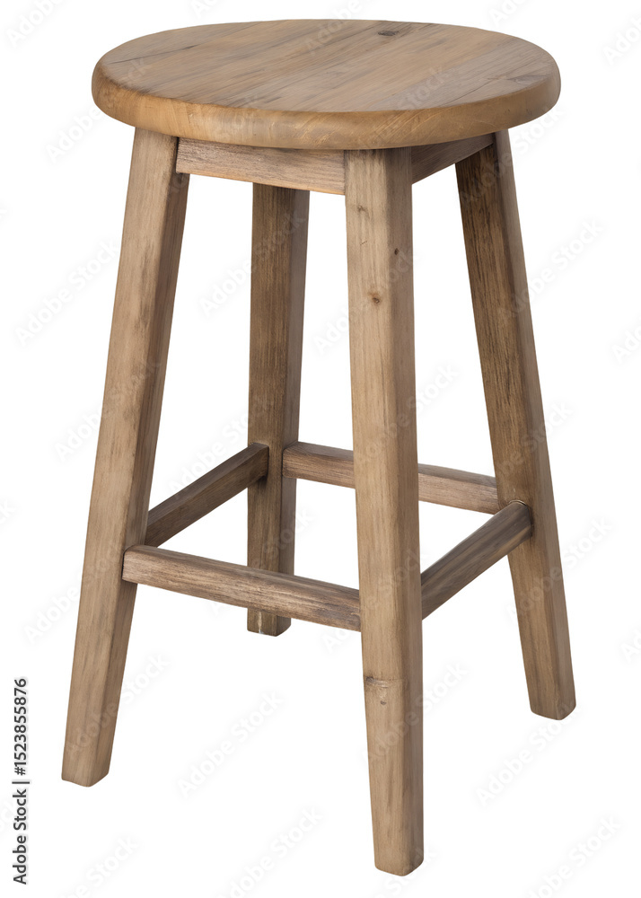 A straightforward studio photograph of a plain wooden bar stool, featuring a round seat and four unadorned legs with connecting crossbars. The stool is made of light-toned wood. A straightforward studio photograph of a plain wooden bar stool, featuring a round seat and four unadorned legs with connecting crossbars. The stool is made of light-toned wood.