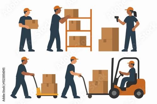Logistics Dynamics: Illustrated collection of warehouse workers in various stages of their job functions, handling packages, and using equipment.