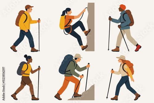 Vector illustration set of diverse characters hiking, climbing, and trekking with outdoor adventure gear.
